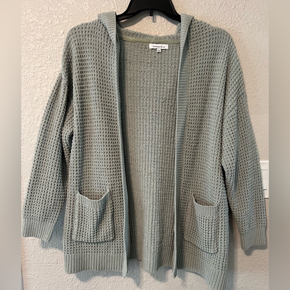 Hooked Up by IOT Women's Sage Green Oversized Hooded Cardigan